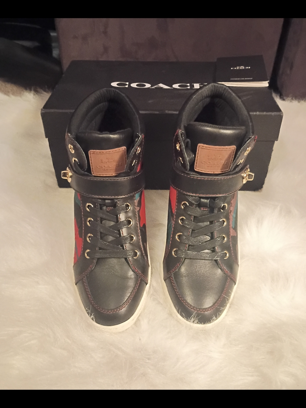 Women's COACH High Top Sneakers in Black, Red & Green And Brown Camouflage (9B) - Picture 1 of 4